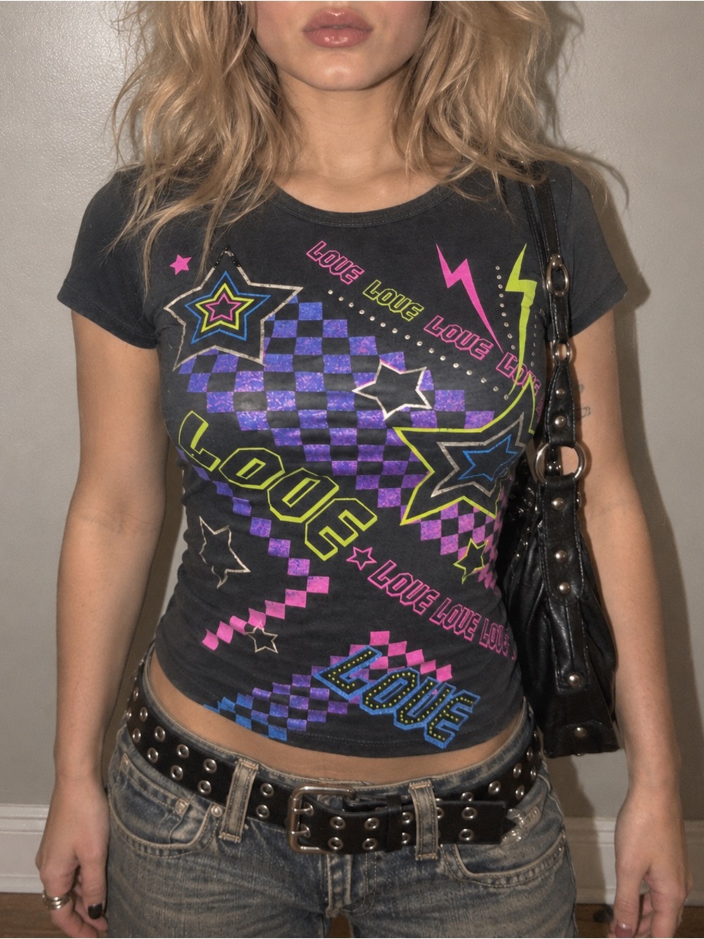 Y2K Rue21 Love Star Punk Scene Emo Graphic Baby Tee Size XS
